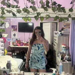 Garage Blue and White Strapless Dress